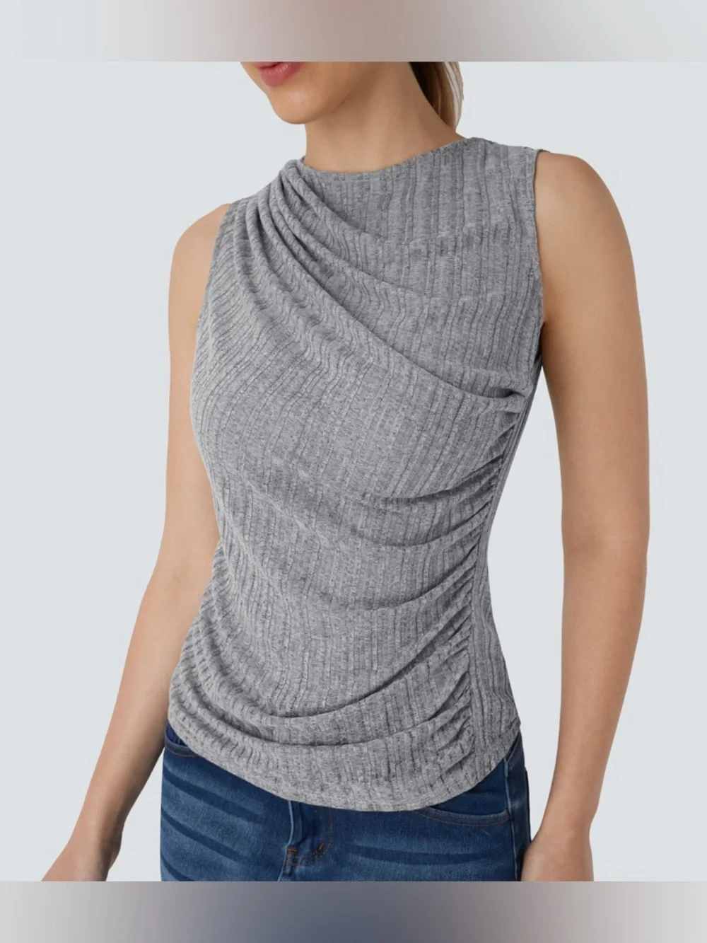 HALARA Ribbed Sleeveless Asymmetric Ruched Casual Top Heather Gray XS NWT - Picture 4 of 5